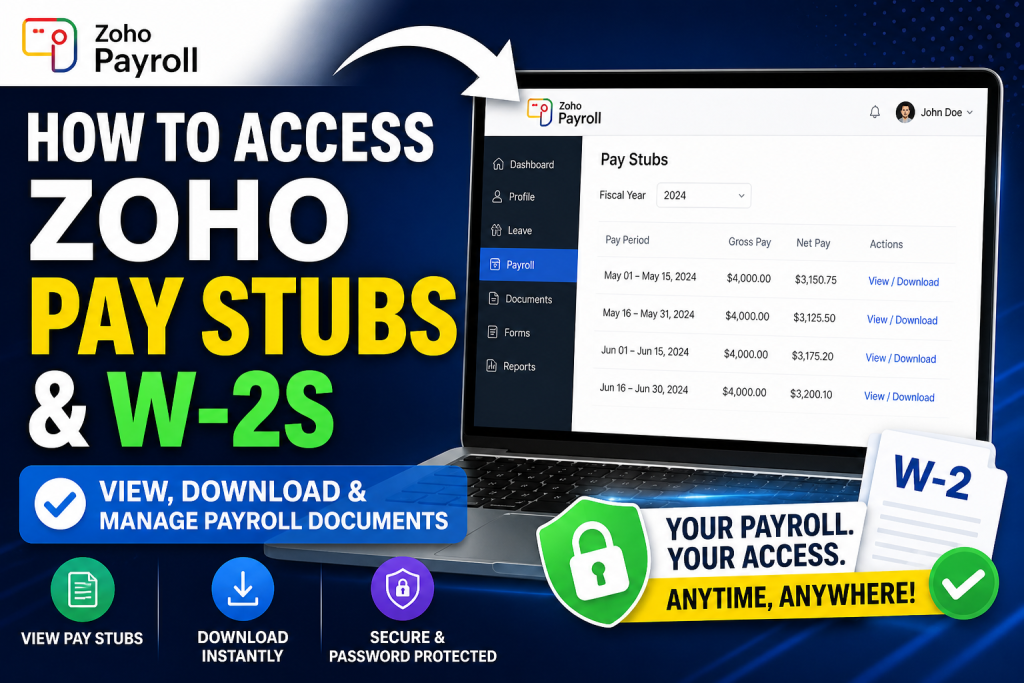 How do you access Zoho pay stubs and W-2s? To access your Zoho pay stubs, log in to the Zoho Employee Self-Service portal, navigate to Payroll → Pay Stubs, select the desired fiscal year, and click on a pay period to view or download your payslip. Zoho automatically generates pay stubs after each payroll cycle, allowing employees to securely download or print them anytime. For W-2s, employees can access them in the Tax Forms or Documents section of the same portal once they are issued annually.