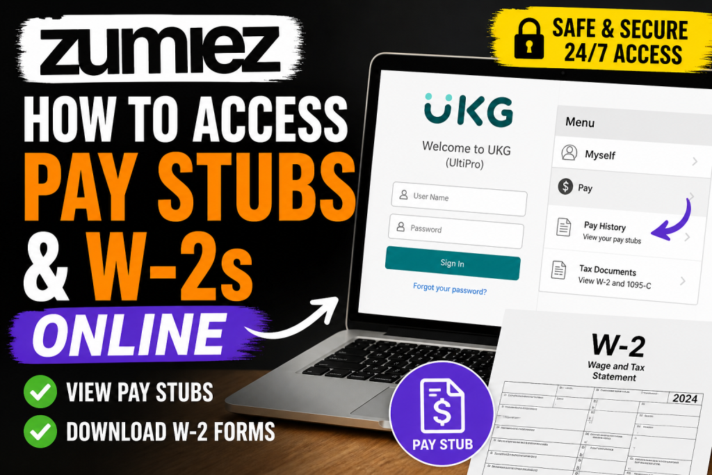 How do I access Zumiez pay stubs and W-2s online? To access your Zumiez pay stubs and W-2 forms, log in to the UKG (UltiPro) employee portal at zhire.zumiez.com using your username and default password (birth year + last 4 digits of SSN). Navigate to Menu > Myself > Pay > Pay History to view pay stubs, or go to Tax Documents to download your W-2. Current and former employees can access payroll records securely through this system.