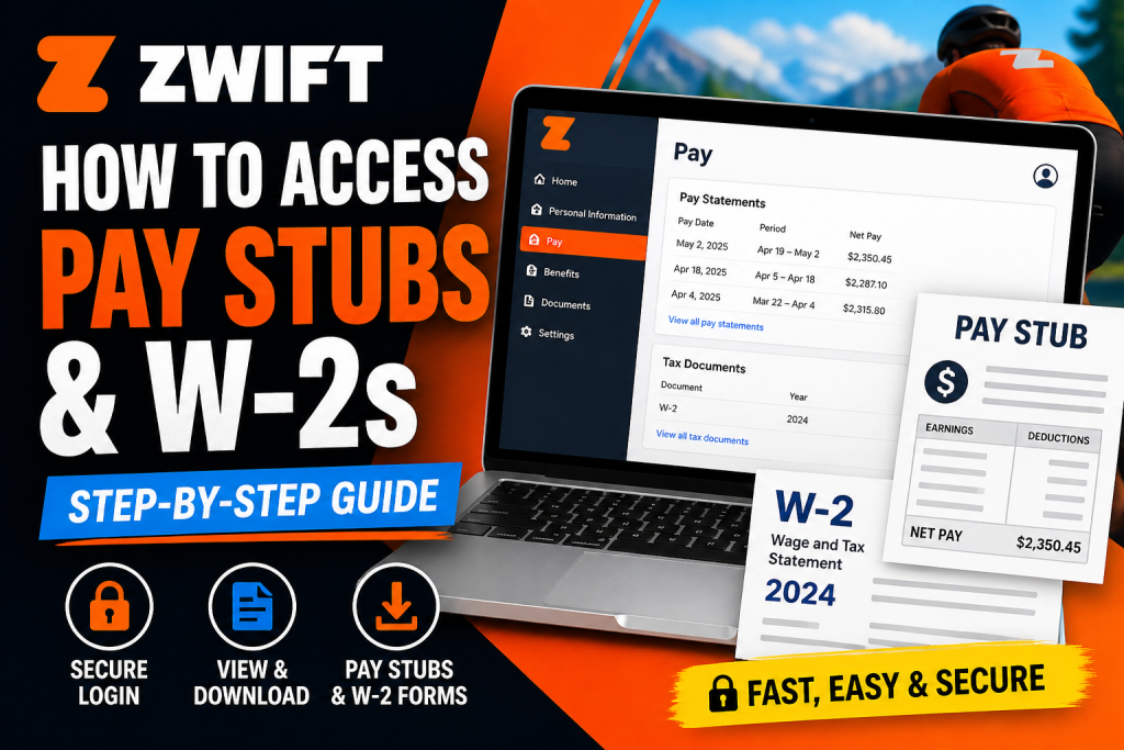 ZWIFT pay stubs and W-2s: step-by-step guide graphic with a laptop displaying pay statements and related documents